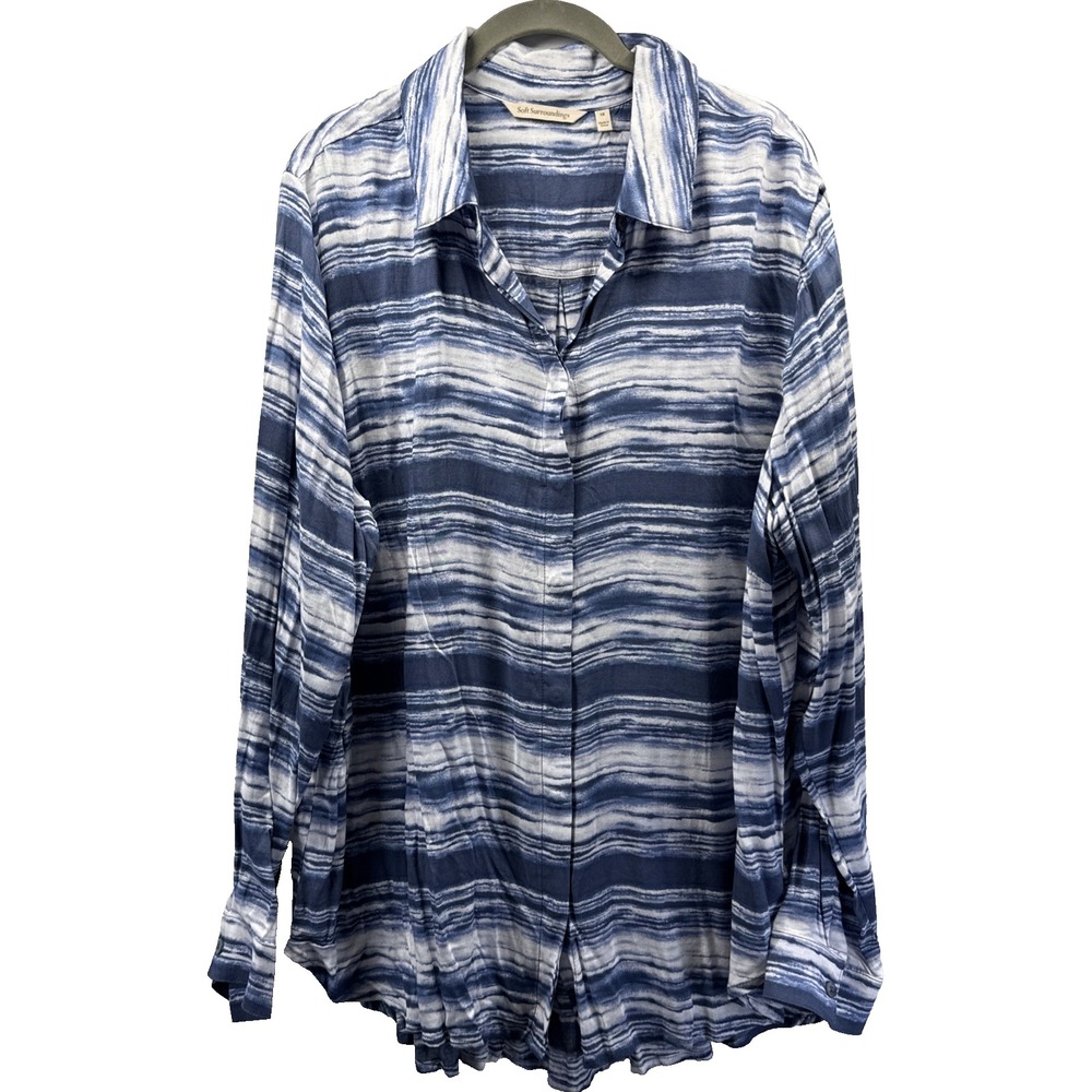 Soft Surroundings Womens 1X Blue White Stripe Button Up Long Sleeve Top 5FU42